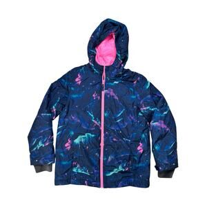 LANDS END Splash Colorful Hooded Insulated Jacket Sz Large 10-12 Husky Blue Pink